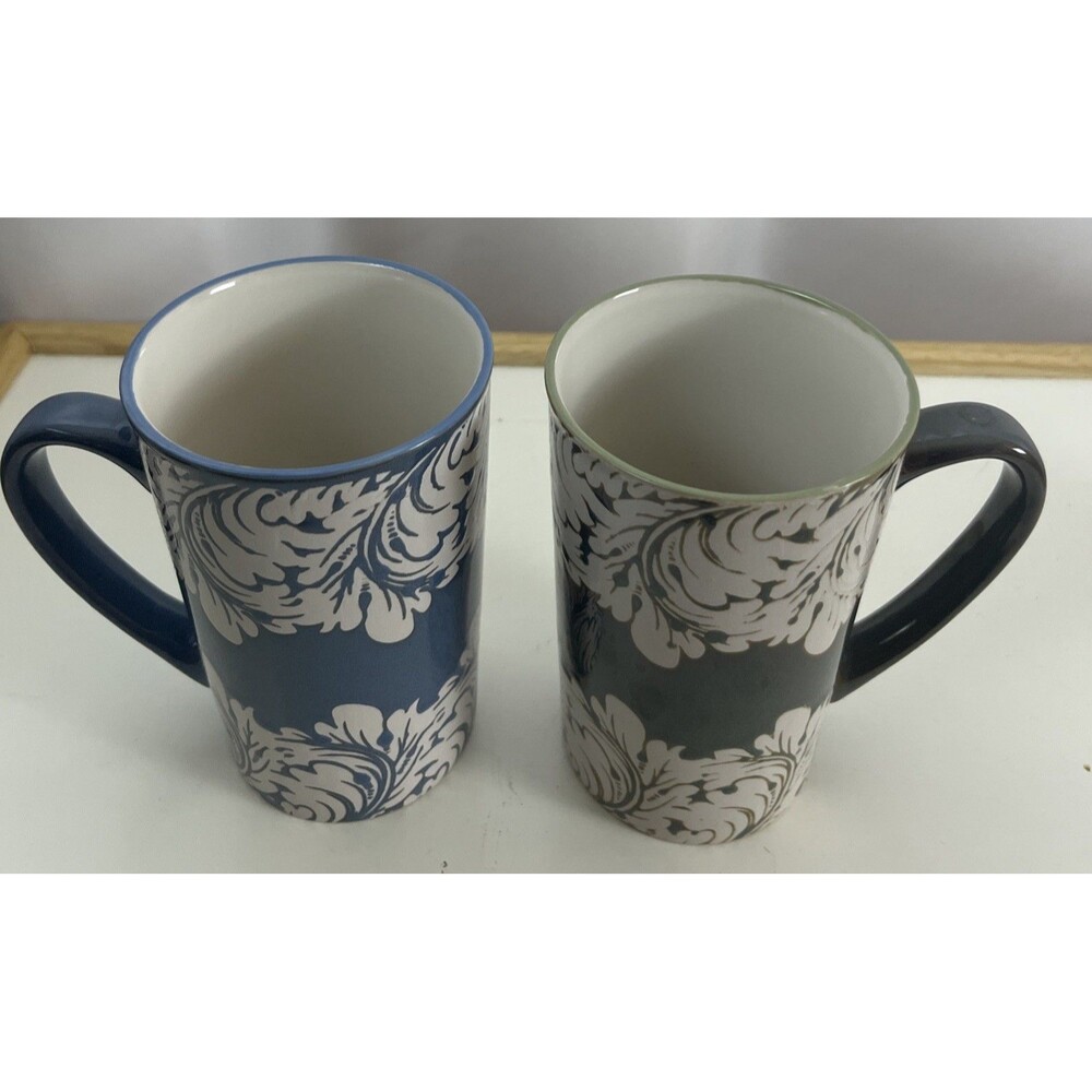 Set 2 Spectrum Pair Blue/green/white Leaves Tall Ceramic Coffee Mugs 5”length